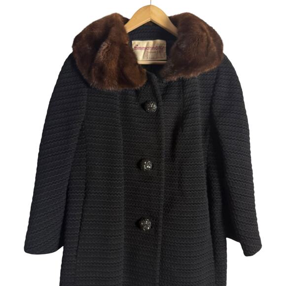 Zimmerman’s Vintage 50s 60s Black Woven Wool Coat Brown Mink Fur Collar Medium - Picture 3 of 12